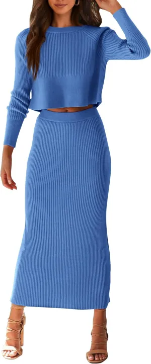 PRETTYGARDEN Women's Spring Fall 2 Piece Sweater Set Rib Knit Long Sleeve Crop Top Maxi Bodycon Skirt Casual Winter Outfits
