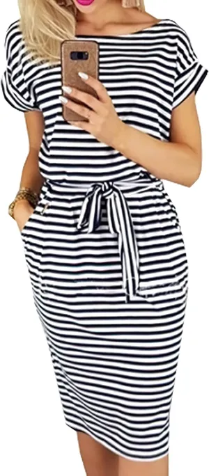 PRETTYGARDEN Women's Summer Short Sleeve Crewneck Striped Dress Basic Solid Tie Waist Office T Shirt Dresses Pockets