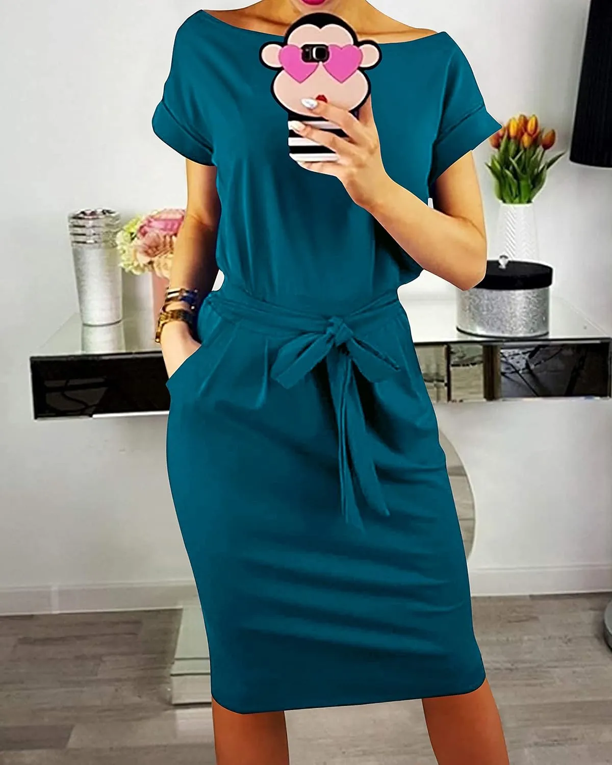 PRETTYGARDEN Women's Summer Short Sleeve Crewneck Striped Dress Basic Solid Tie Waist Office T Shirt Dresses Pockets