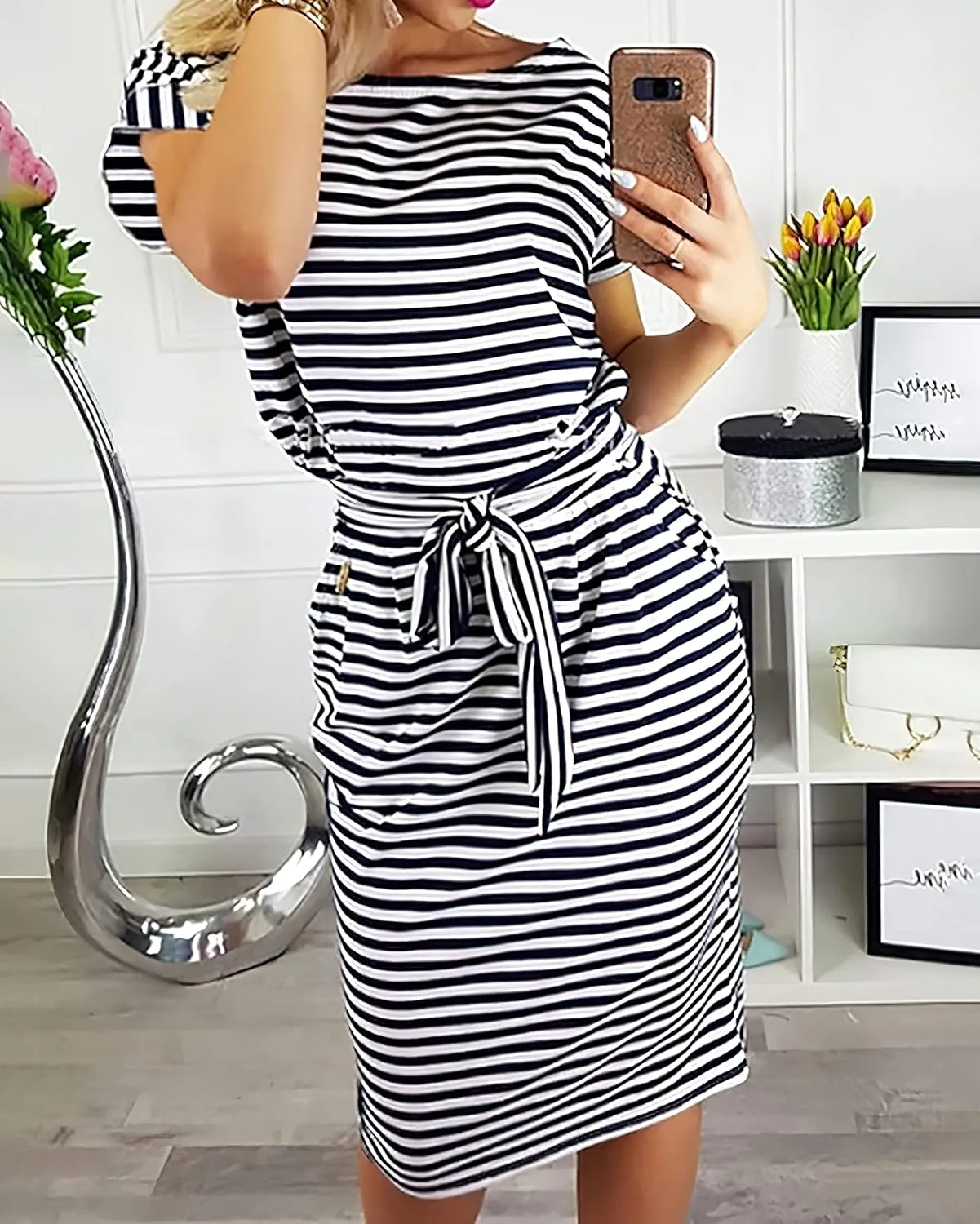 PRETTYGARDEN Women's Summer Short Sleeve Crewneck Striped Dress Basic Solid Tie Waist Office T Shirt Dresses Pockets