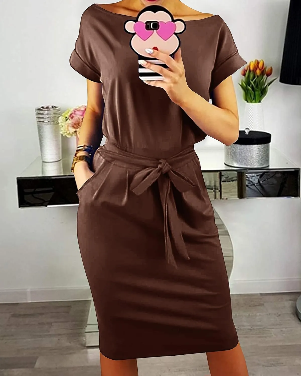 PRETTYGARDEN Women's Summer Short Sleeve Crewneck Striped Dress Basic Solid Tie Waist Office T Shirt Dresses Pockets