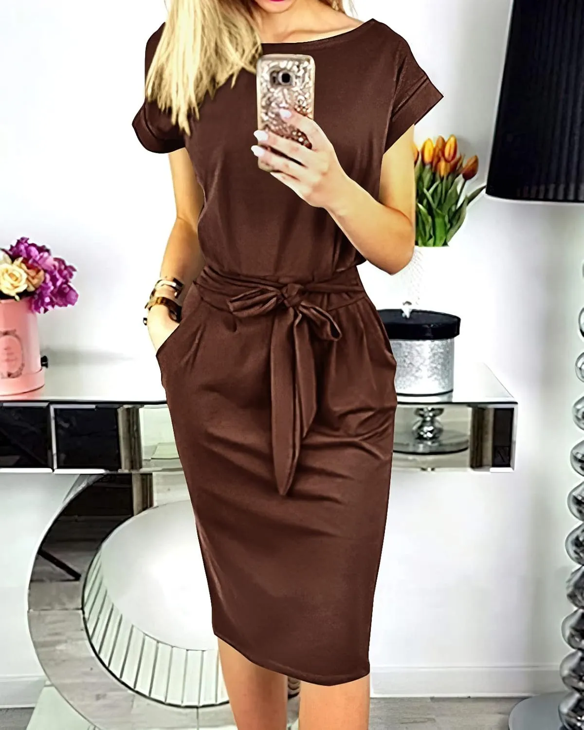 PRETTYGARDEN Women's Summer Short Sleeve Crewneck Striped Dress Basic Solid Tie Waist Office T Shirt Dresses Pockets