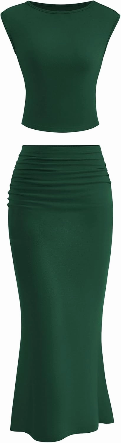 PRETTYGARDEN Summer 2 Piece Sets for Women Going Out 2025 Casual Cap Sleeve Crop Tops Ruched Maxi Long Skirts Spring Outfits