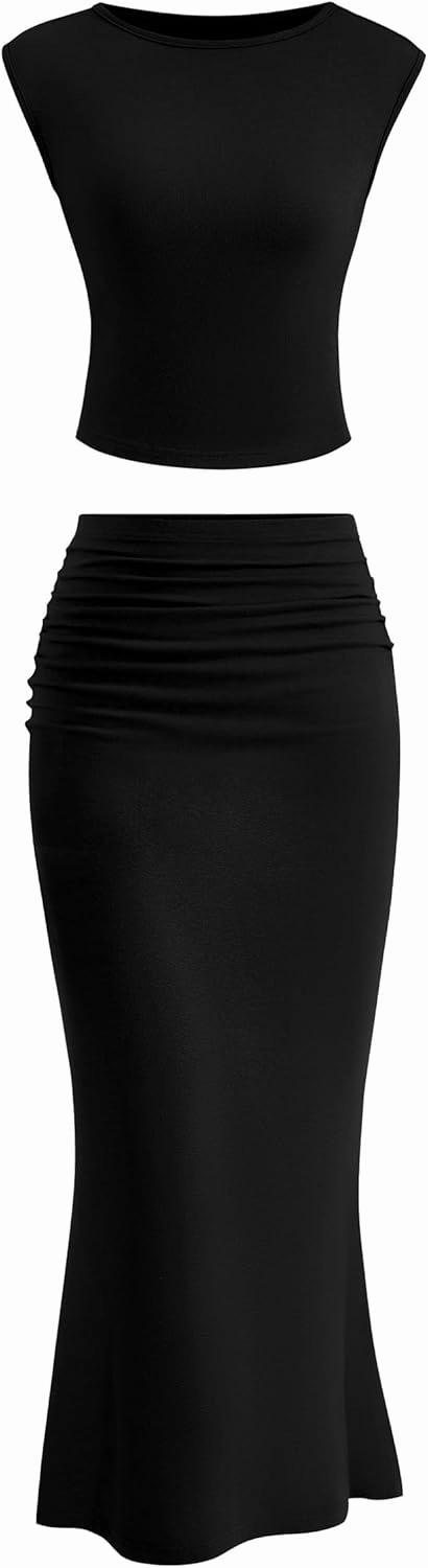 PRETTYGARDEN Summer 2 Piece Sets for Women Going Out 2025 Casual Cap Sleeve Crop Tops Ruched Maxi Long Skirts Spring Outfits