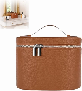 PU Leather Makeup Organizer Bag, Aesthetic Vanity Case With Dividers and Handle, Travel-Friendly Cosmetic Storage for Women, Portable Toiletry Bag in Elegant Brown (Brown)