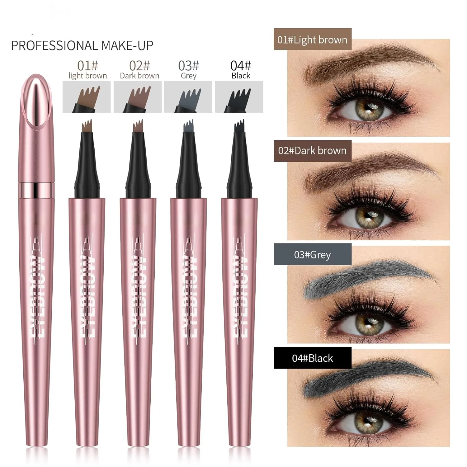 Q708 3D Microblading Eyebrow Pencil, Waterproof, 4-Tipped, Long-Lasting, Micro-Fork Applicator for Natural Brows, All Skin Tones (1#Light Brown)