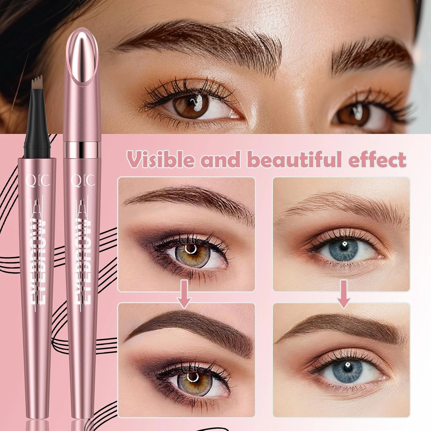 Q708 3D Microblading Eyebrow Pencil, Waterproof, 4-Tipped, Long-Lasting, Micro-Fork Applicator for Natural Brows, All Skin Tones(6#Black Brown)