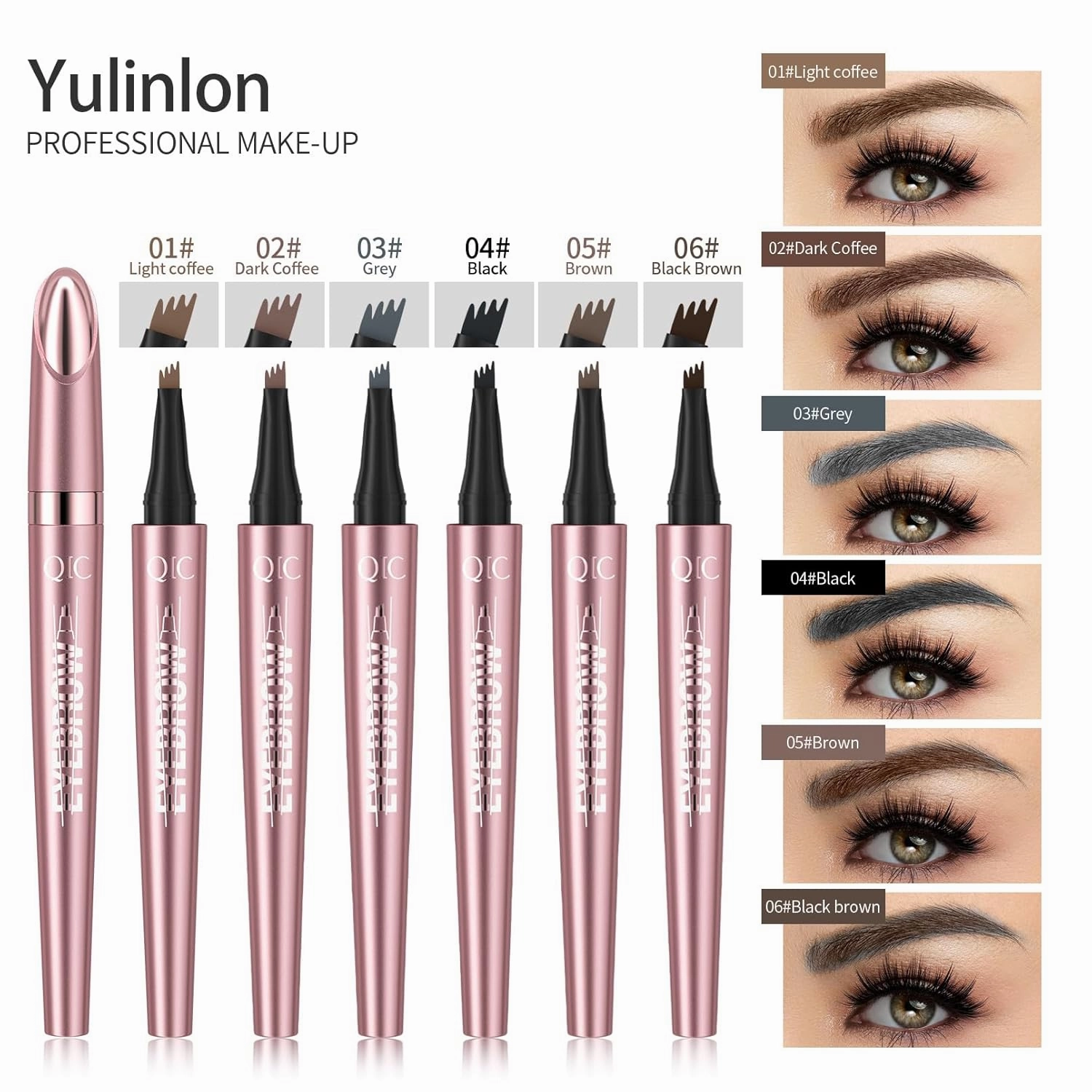 Q708 3D Microblading Eyebrow Pencil, Waterproof, 4-Tipped, Long-Lasting, Micro-Fork Applicator for Natural Brows, All Skin Tones(6#Black Brown)