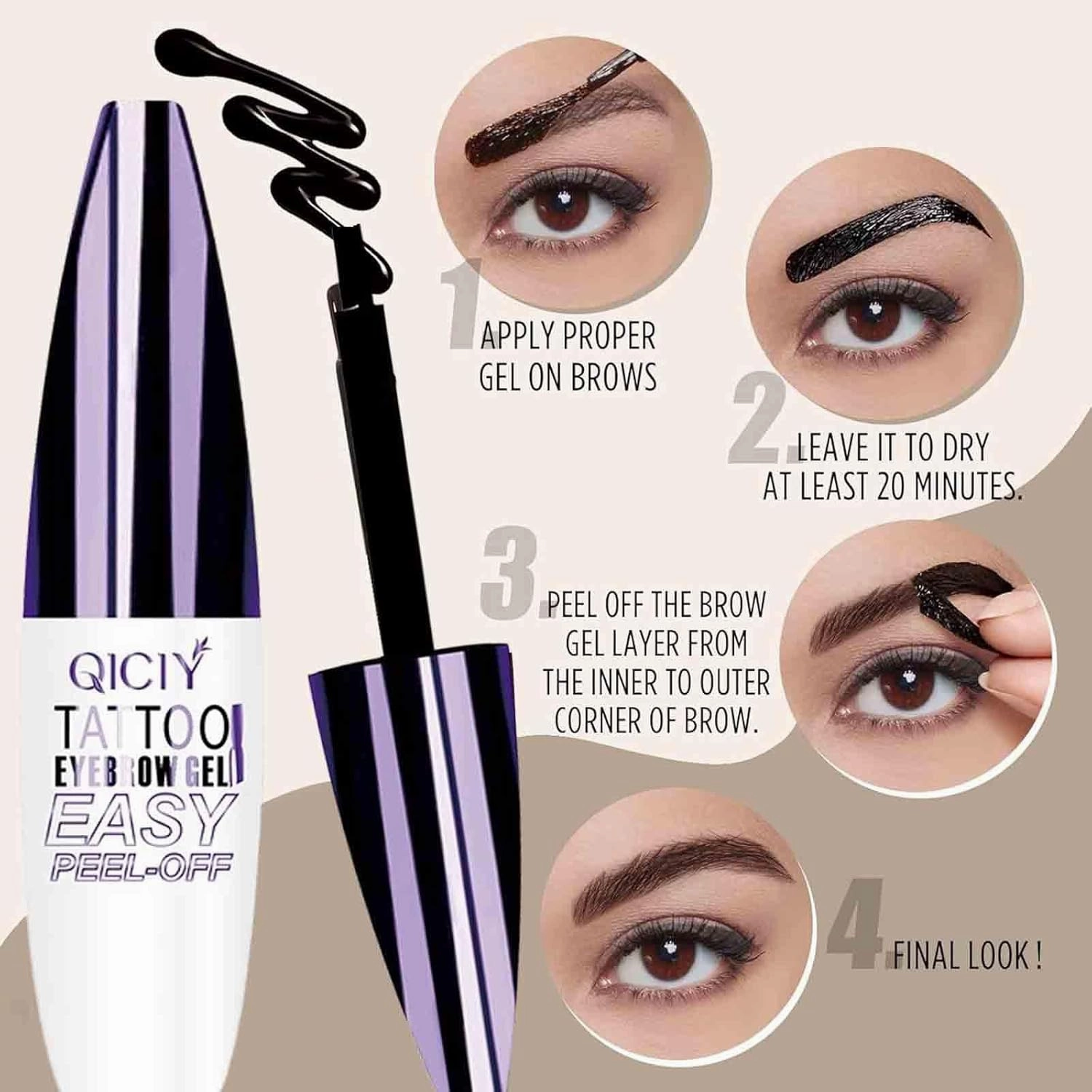Qiciy Tattoo Eyebrow Gel Easy Peel Off, Easy Peel Offeasy Peel Off Eyebrow Gel, Long-Lasting & Waterproof Brow Tint for Women Create Fuller & Defined Brows Makeup with Eyebrow Stencils (Black *2)