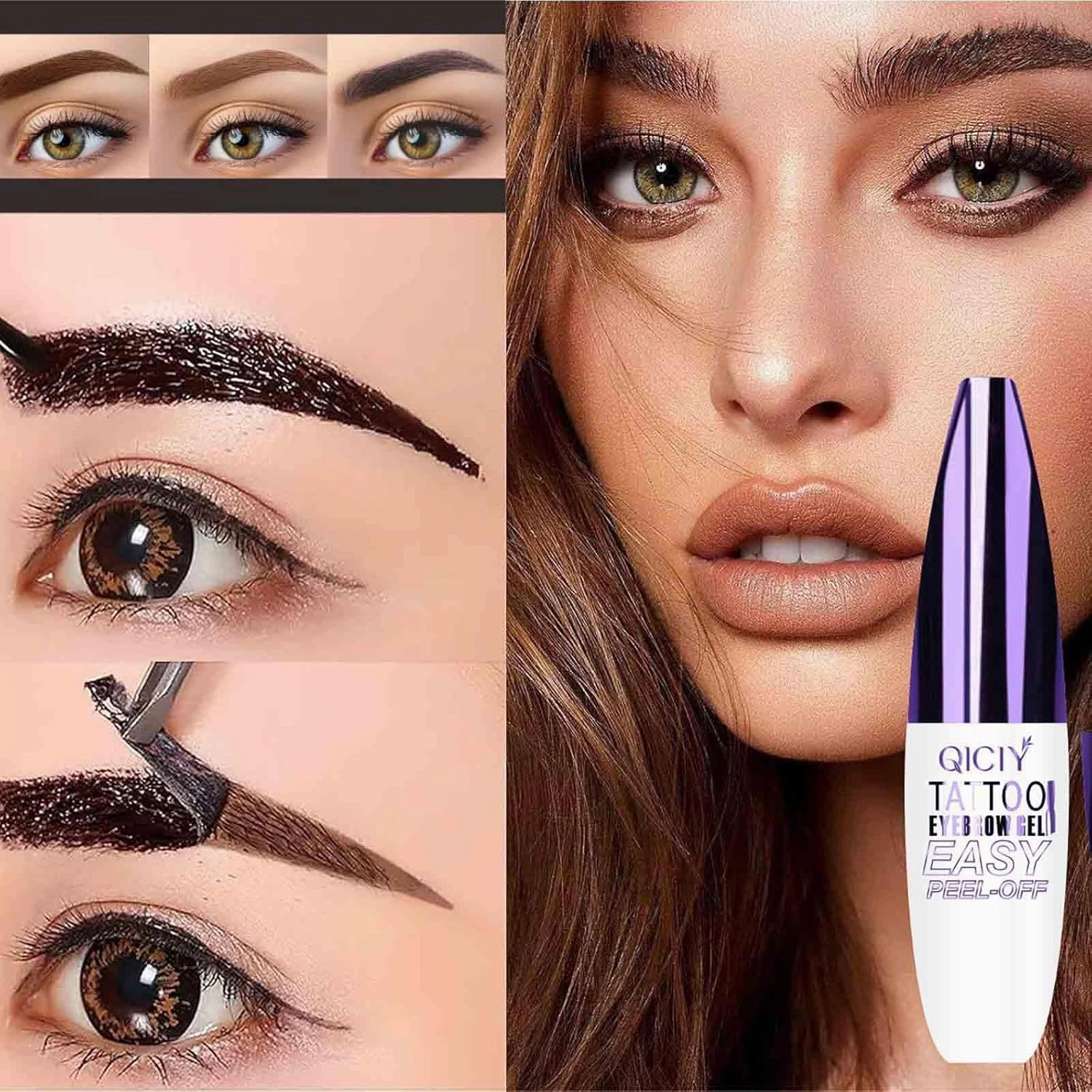 Qiciy Tattoo Eyebrow Gel Easy Peel Off, Easy Peel Offeasy Peel Off Eyebrow Gel, Long-Lasting & Waterproof Brow Tint for Women Create Fuller & Defined Brows Makeup with Eyebrow Stencils (Black *2)