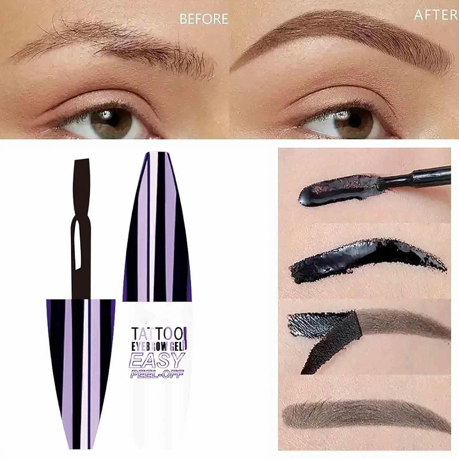 Qiciy Tattoo Eyebrow Gel Easy Peel Off, Easy Peel Offeasy Peel Off Eyebrow Gel, Long-Lasting & Waterproof Brow Tint for Women Create Fuller & Defined Brows Makeup with Eyebrow Stencils (Black *2)