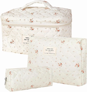 Quilted Cosmetic Bag Set, 3 PCS Cotton Floral Makeup Bags, Makeup Bag Set, Flower Travel Toiletry Organizer Bag, Coquette Makeup Pouch, Large Make Up Bag for Women (Small Flowers)
