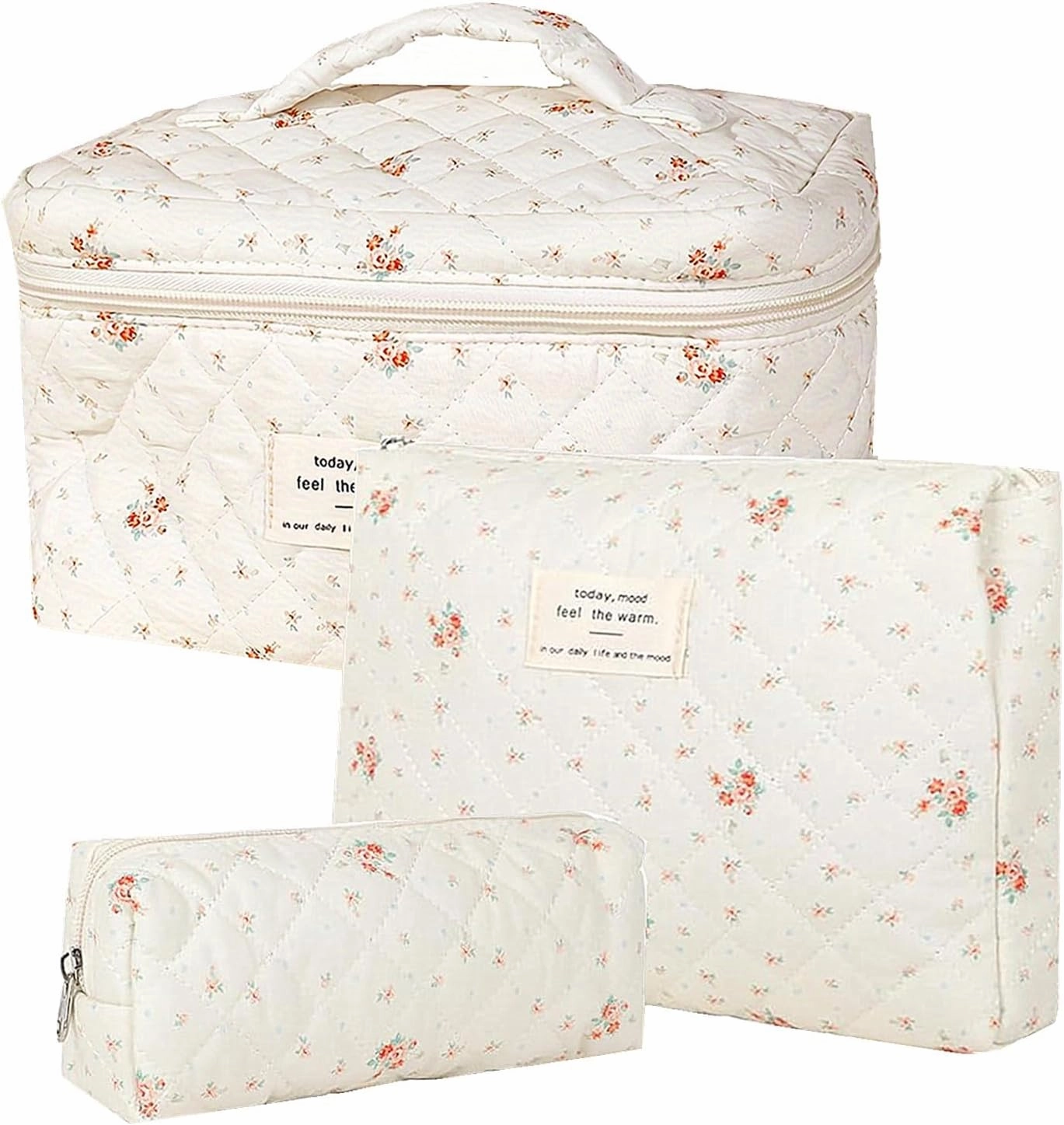 Quilted Cosmetic Bag Set, 3 PCS Cotton Floral Makeup Bags, Makeup Bag Set, Flower Travel Toiletry Organizer Bag, Coquette Makeup Pouch, Large Make Up Bag for Women (Small Flowers)