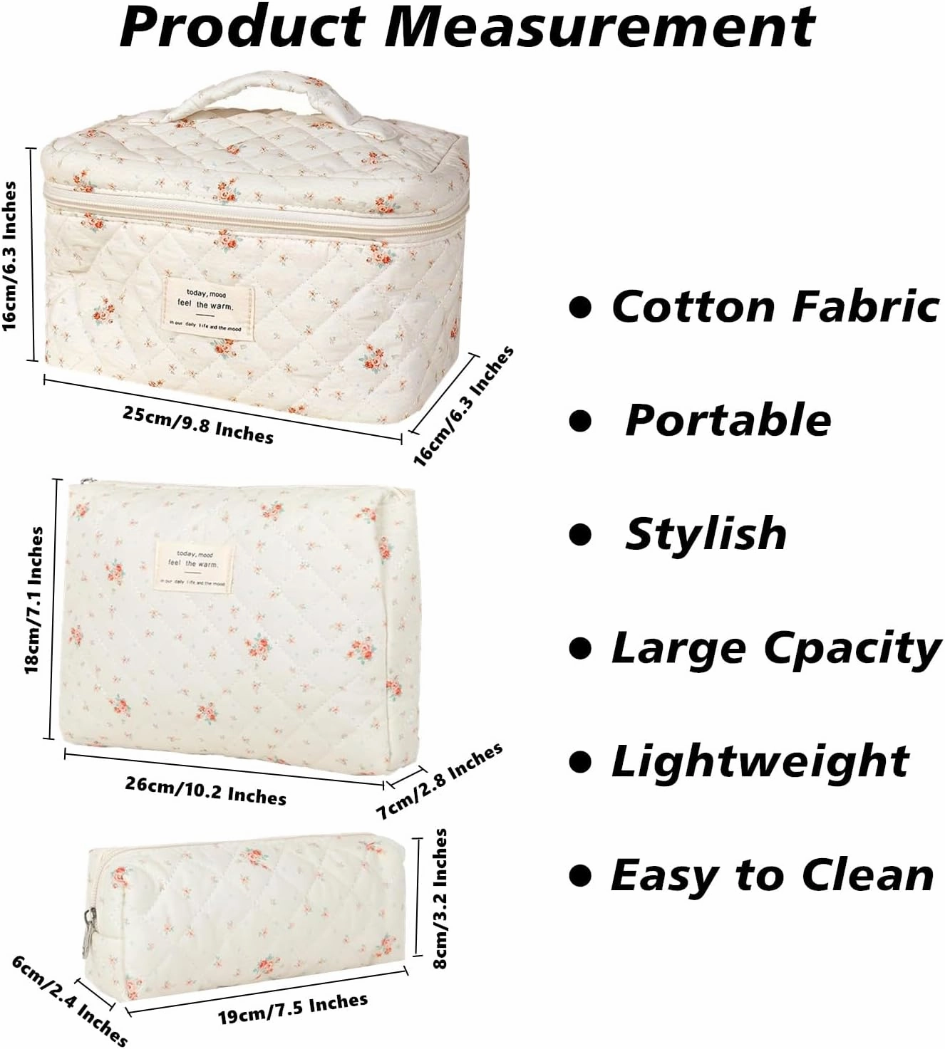 Quilted Cosmetic Bag Set, 3 PCS Cotton Floral Makeup Bags, Makeup Bag Set, Flower Travel Toiletry Organizer Bag, Coquette Makeup Pouch, Large Make Up Bag for Women (Small Flowers)