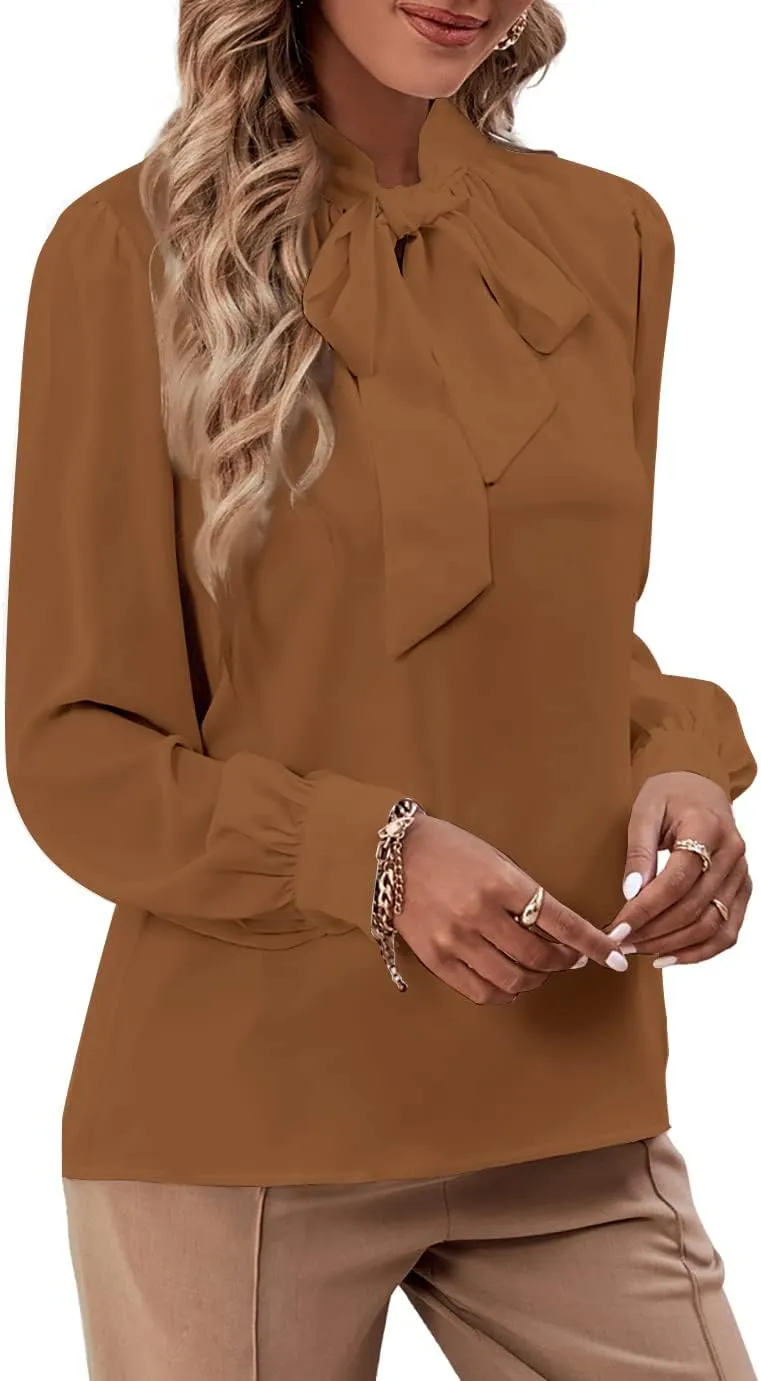 Rooscier Women's Bow Tie Neck Long Sleeve Buttton Cuff Chiffon Elegant Blouse