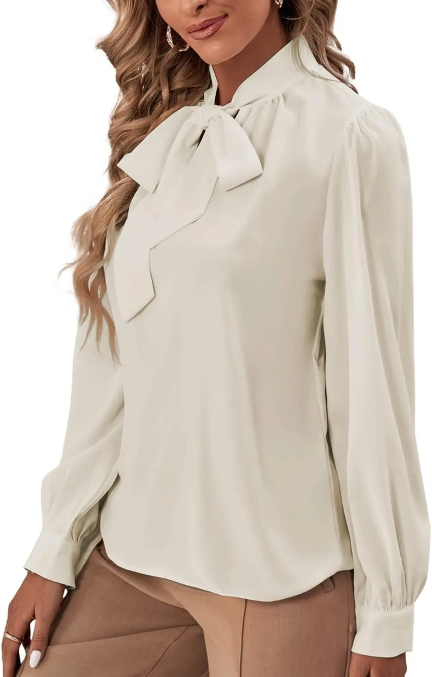 Rooscier Women's Bow Tie Neck Long Sleeve Buttton Cuff Chiffon Elegant Blouse