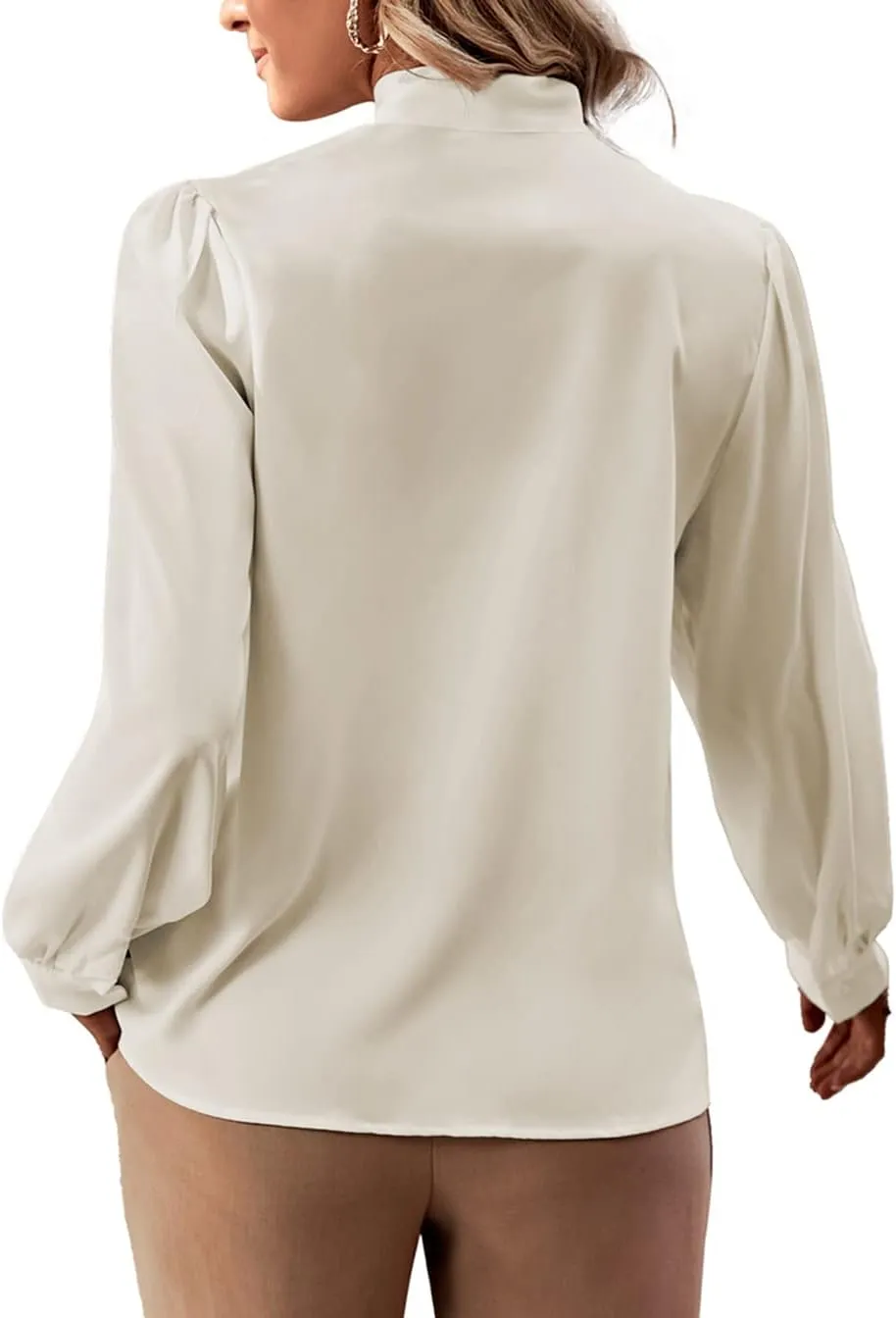 Rooscier Women's Bow Tie Neck Long Sleeve Buttton Cuff Chiffon Elegant Blouse