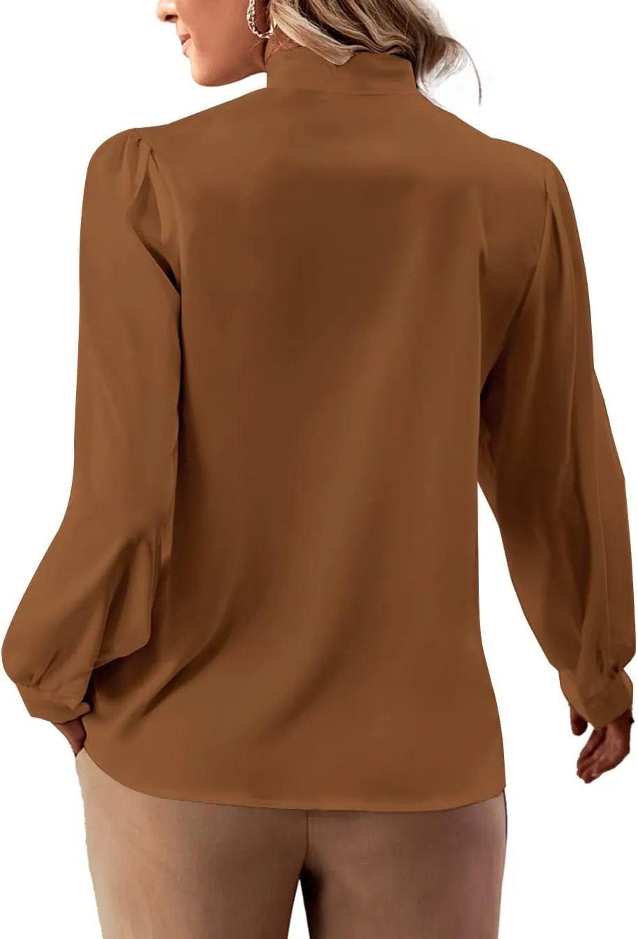 Rooscier Women's Bow Tie Neck Long Sleeve Buttton Cuff Chiffon Elegant Blouse