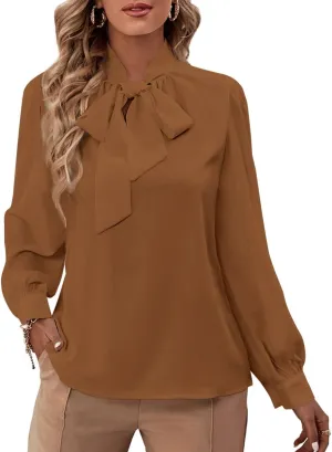 Rooscier Women's Bow Tie Neck Long Sleeve Buttton Cuff Chiffon Elegant Blouse
