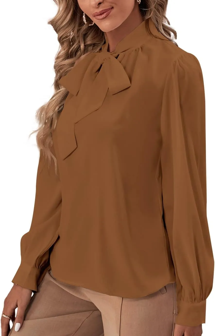 Rooscier Women's Bow Tie Neck Long Sleeve Buttton Cuff Chiffon Elegant Blouse