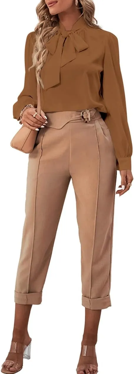 Rooscier Women's Bow Tie Neck Long Sleeve Buttton Cuff Chiffon Elegant Blouse
