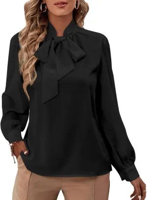 Rooscier Women's Bow Tie Neck Long Sleeve Buttton Cuff Chiffon Elegant Blouse