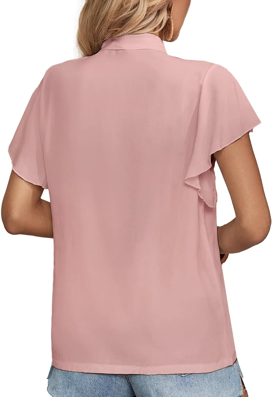 Rooscier Women's Bow Tie Neck Ruffle Short Sleeve Vintage Retro Work Blouse Top