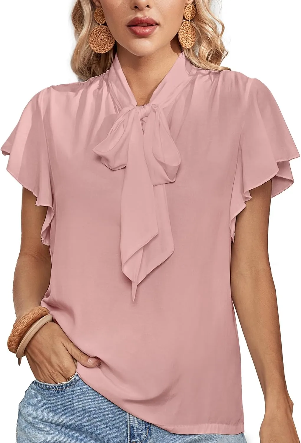 Rooscier Women's Bow Tie Neck Ruffle Short Sleeve Vintage Retro Work Blouse Top