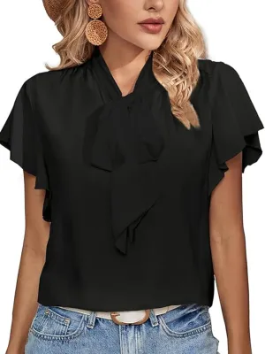 Rooscier Women's Bow Tie Neck Ruffle Short Sleeve Vintage Retro Work Blouse Top