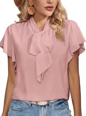 Rooscier Women's Bow Tie Neck Ruffle Short Sleeve Vintage Retro Work Blouse Top
