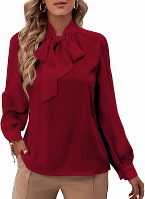 Rooscier Women's Bow Tie Neck Long Sleeve Buttton Cuff Chiffon Elegant Blouse