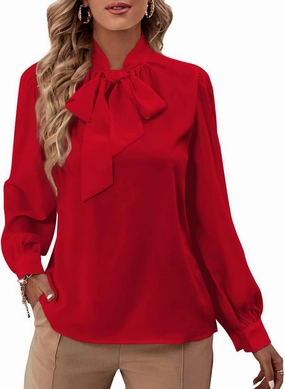 Rooscier Women's Bow Tie Neck Long Sleeve Buttton Cuff Chiffon Elegant Blouse