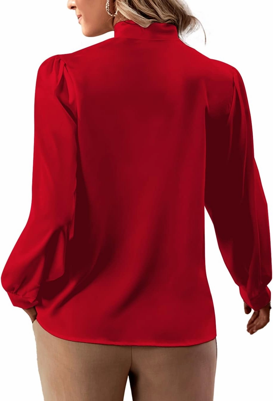 Rooscier Women's Bow Tie Neck Long Sleeve Buttton Cuff Chiffon Elegant Blouse