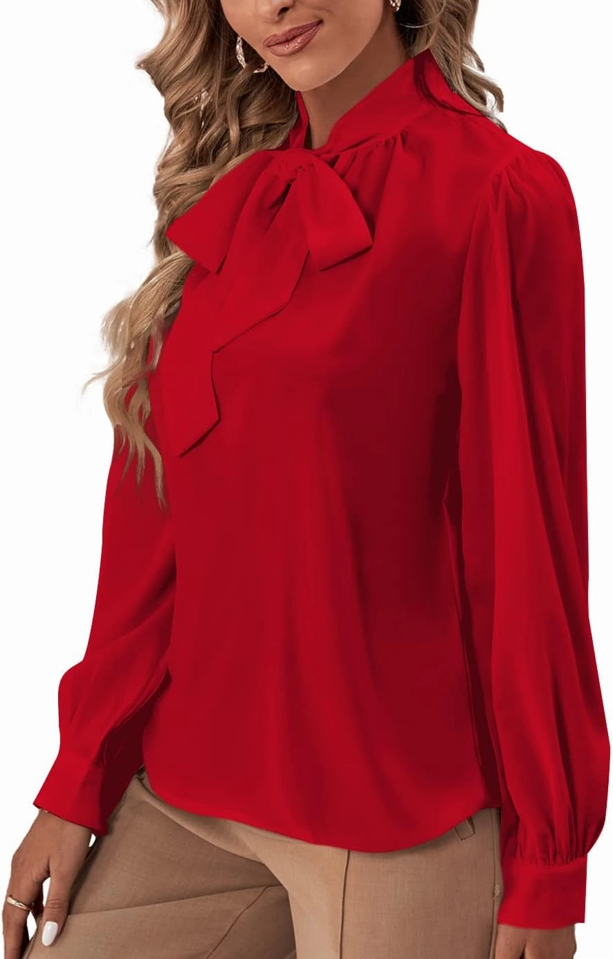 Rooscier Women's Bow Tie Neck Long Sleeve Buttton Cuff Chiffon Elegant Blouse