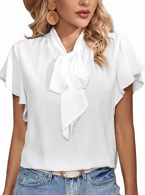 Rooscier Women's Bow Tie Neck Ruffle Short Sleeve Vintage Retro Work Blouse Top
