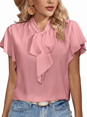 Rooscier Women's Bow Tie Neck Ruffle Short Sleeve Vintage Retro Work Blouse Top
