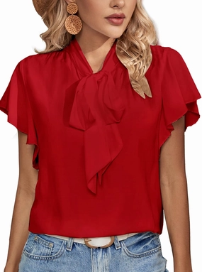 Rooscier Women's Bow Tie Neck Ruffle Short Sleeve Vintage Retro Work Blouse Top