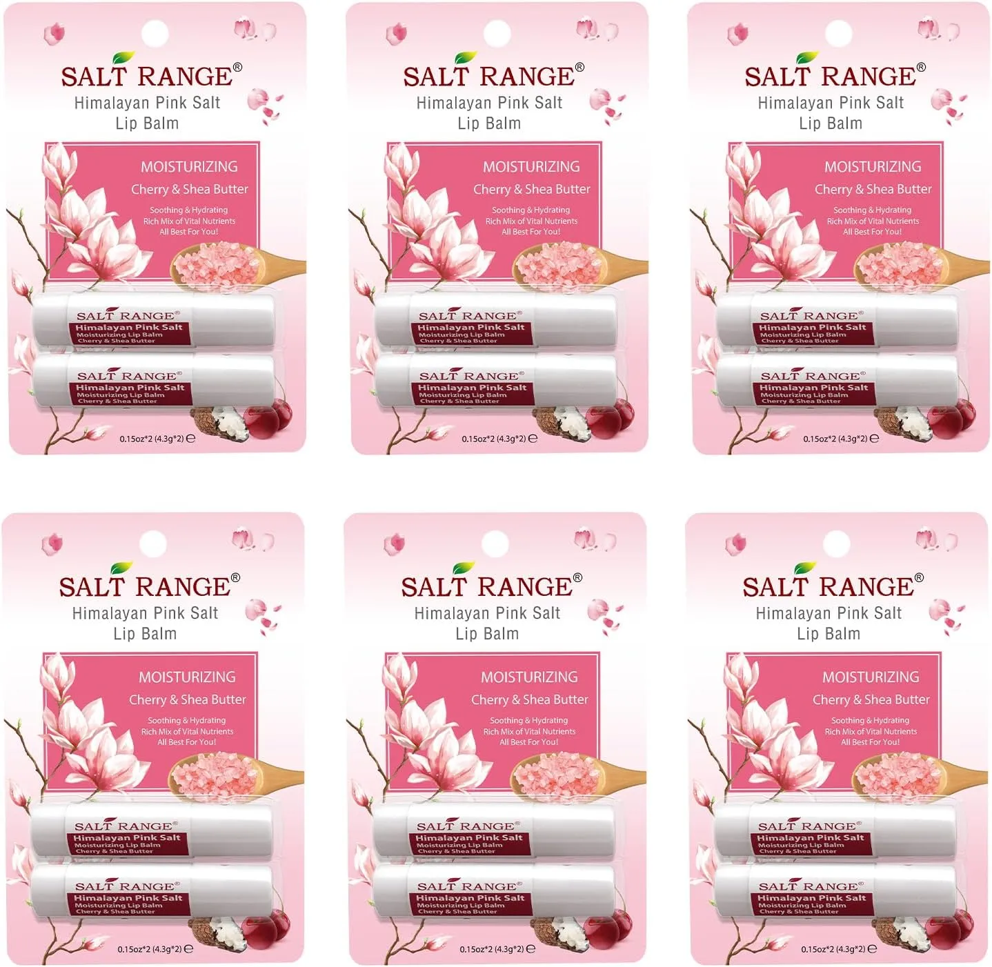 Salt Range Lip balm formulated with cherry and shea butter, 100% natural, soothing, hydrating, and deeply nourishing, Organic chapstick, 6-count pack (12 pieces total)