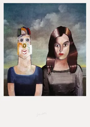 Saul Steinberg Couple Portrait Signed 30.5" x 21.5" Offset Lithograph 1971 Modernism Multicolor