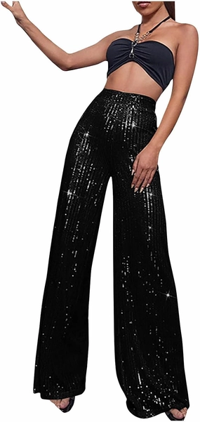 Sequin Pants for Women High Waist Palazzo Pants Long Culottes Glitter Wide Leg Pants Bling Party Clubwear Trousers