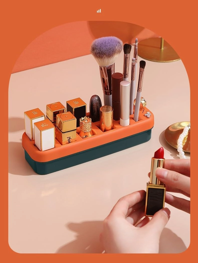 Silicone Lipstick Storage Case, Makeup Brush Organizer, Multi-Cell Makeup Holder For Eyeshadow Brush, Eyebrow Pencil, Lipstick, Earrings (Green)