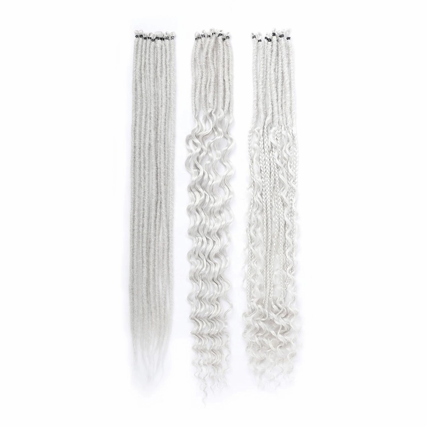 Silver Grey Dreadlock Extensions,30 Strands 24 Inch Single Ended 3 Styles(Straight&Curly&Boho Mixed) In 1 Set Dreadlocks Extension, Soft Synthetic SE Dreads Braid Locs for Women(3 in 1 set,Gray#)