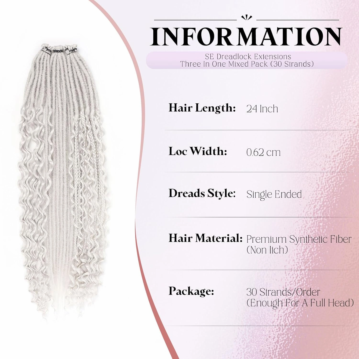 Silver Grey Dreadlock Extensions,30 Strands 24 Inch Single Ended 3 Styles(Straight&Curly&Boho Mixed) In 1 Set Dreadlocks Extension, Soft Synthetic SE Dreads Braid Locs for Women(3 in 1 set,Gray#)