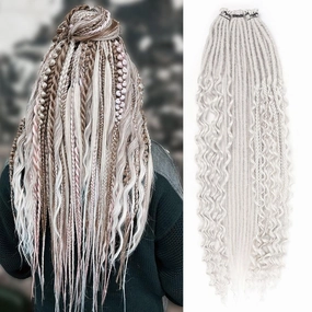 Silver Grey Dreadlock Extensions,30 Strands 24 Inch Single Ended 3 Styles(Straight&Curly&Boho Mixed) In 1 Set Dreadlocks Extension, Soft Synthetic SE Dreads Braid Locs for Women(3 in 1 set,Gray#)