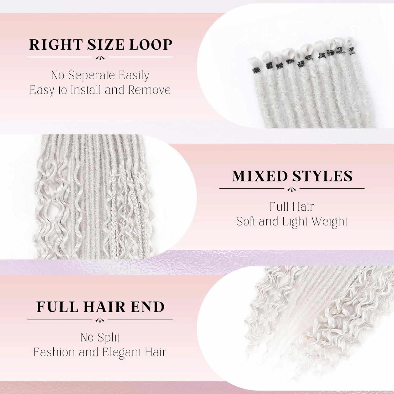 Silver Grey Dreadlock Extensions,30 Strands 24 Inch Single Ended 3 Styles(Straight&Curly&Boho Mixed) In 1 Set Dreadlocks Extension, Soft Synthetic SE Dreads Braid Locs for Women(3 in 1 set,Gray#)