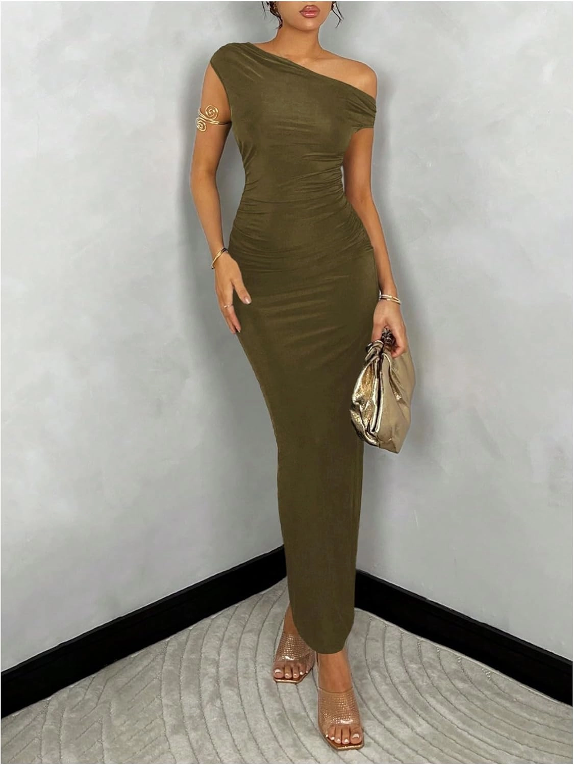 SOLY HUX Women's Off The Shoulder Maxi Dress Bodycon Ruched Asymmetrical Neck Long Dresses Party Evening Dress