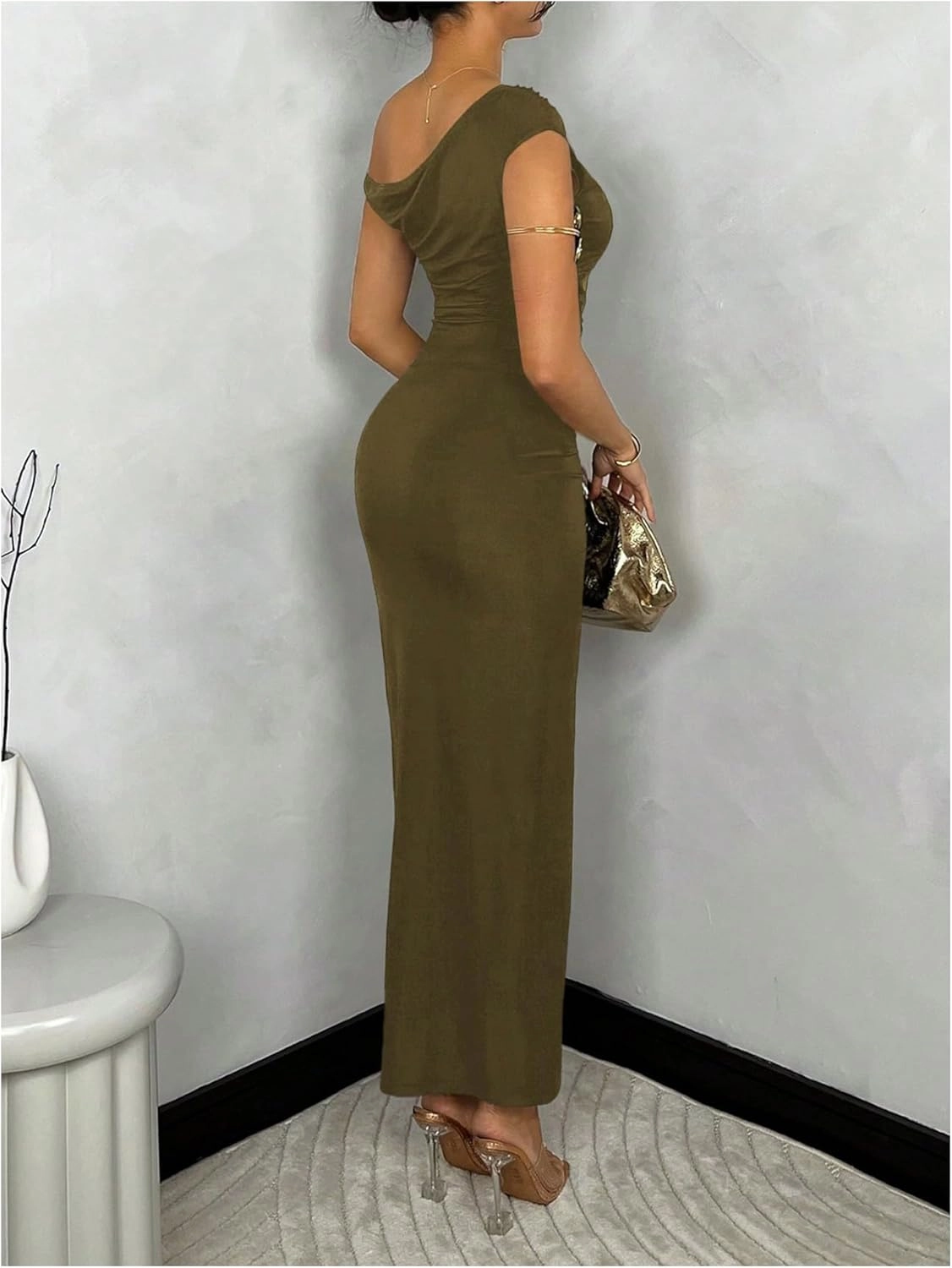 SOLY HUX Women's Off The Shoulder Maxi Dress Bodycon Ruched Asymmetrical Neck Long Dresses Party Evening Dress
