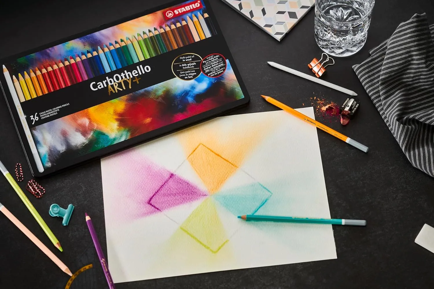 STABILO Chalk-Pastel Artist Colored Pencil CarbOthello ARTY Tin Set of 60, Eraser, Sharpener, Blender - Watercolor Effects