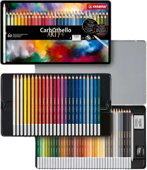 STABILO Chalk-Pastel Artist Colored Pencil CarbOthello ARTY Tin Set of 60, Eraser, Sharpener, Blender - Watercolor Effects