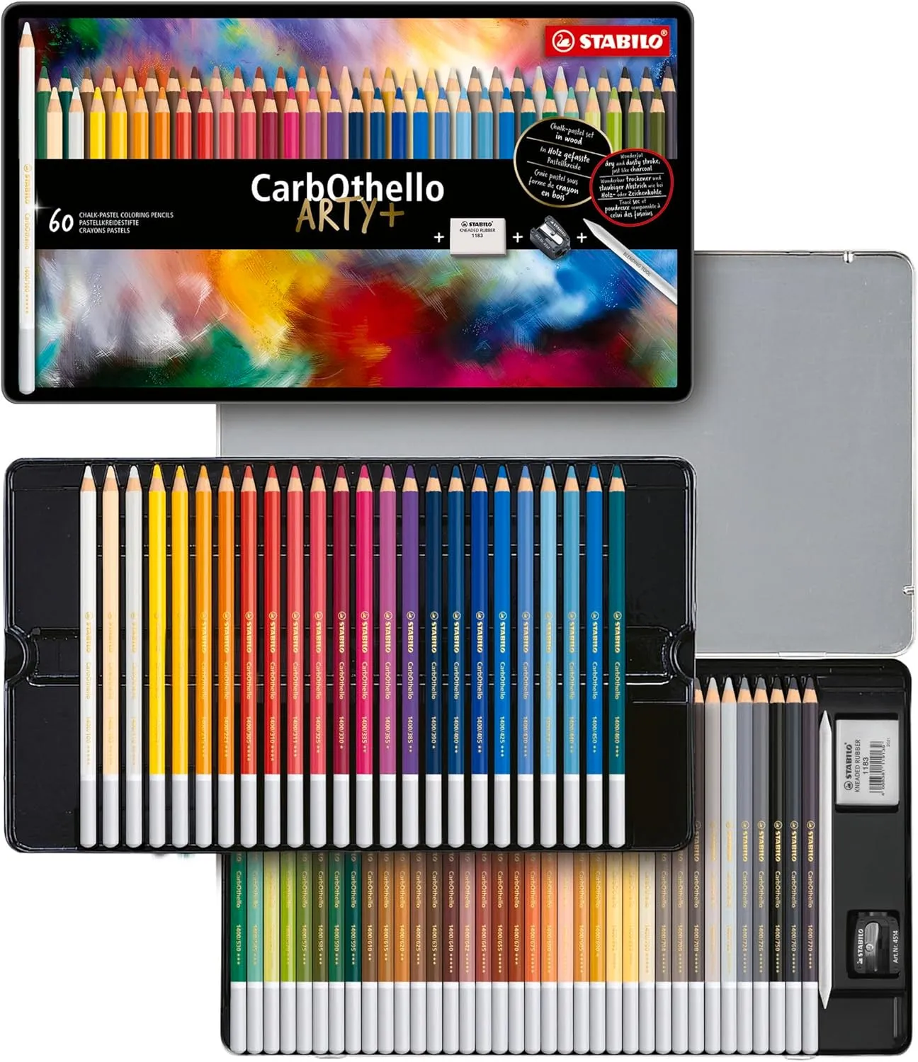 STABILO Chalk-Pastel Artist Colored Pencil CarbOthello ARTY Tin Set of 60, Eraser, Sharpener, Blender - Watercolor Effects